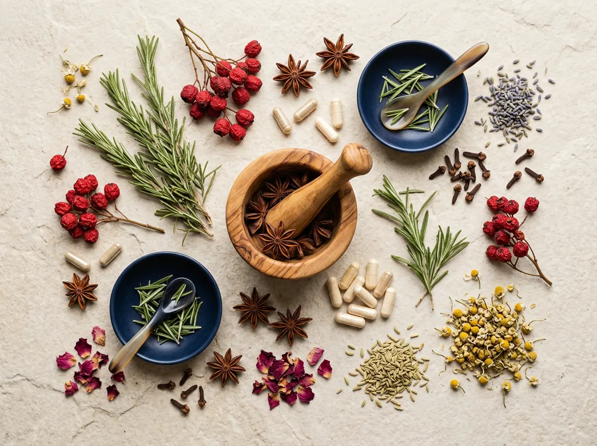 Plant-based heart supplement ingredients - dried herbs and botanical extracts
