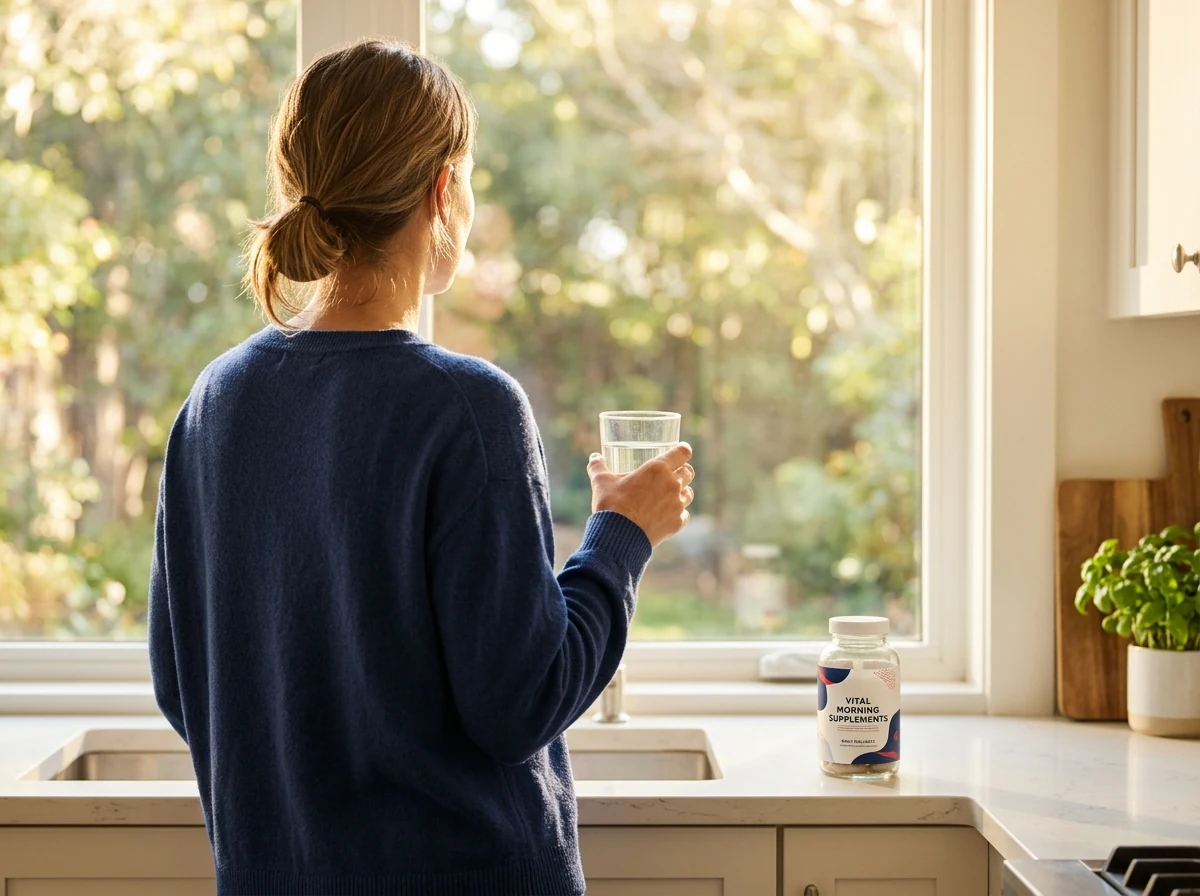 Person from behind in morning kitchen light, wellness routine with supplement