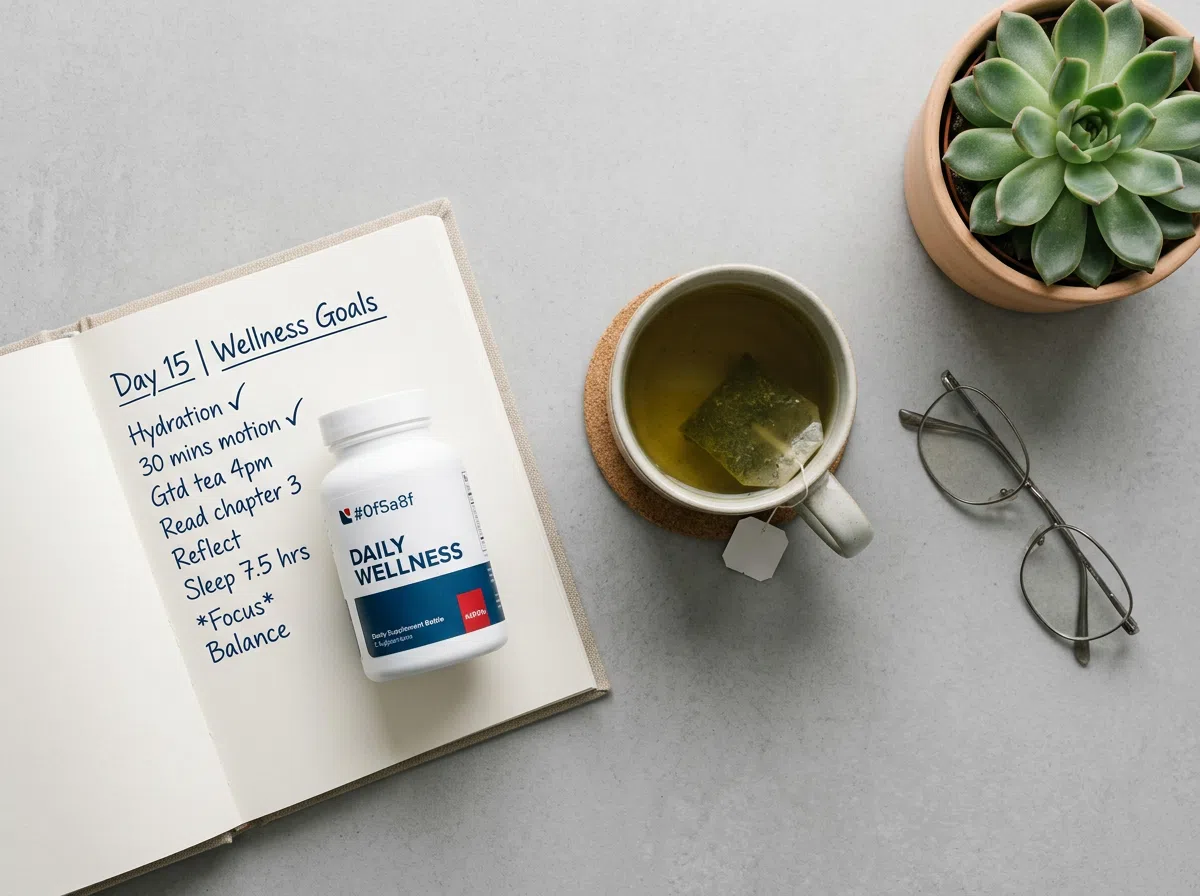 Editorial wellness desk - notes, green tea, and supplement bottle for cardiovascular health reading